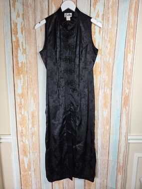 Vtg Sally USA Black  Floral Vest Duster Cheongsam Qipao Frog Closure Slits M